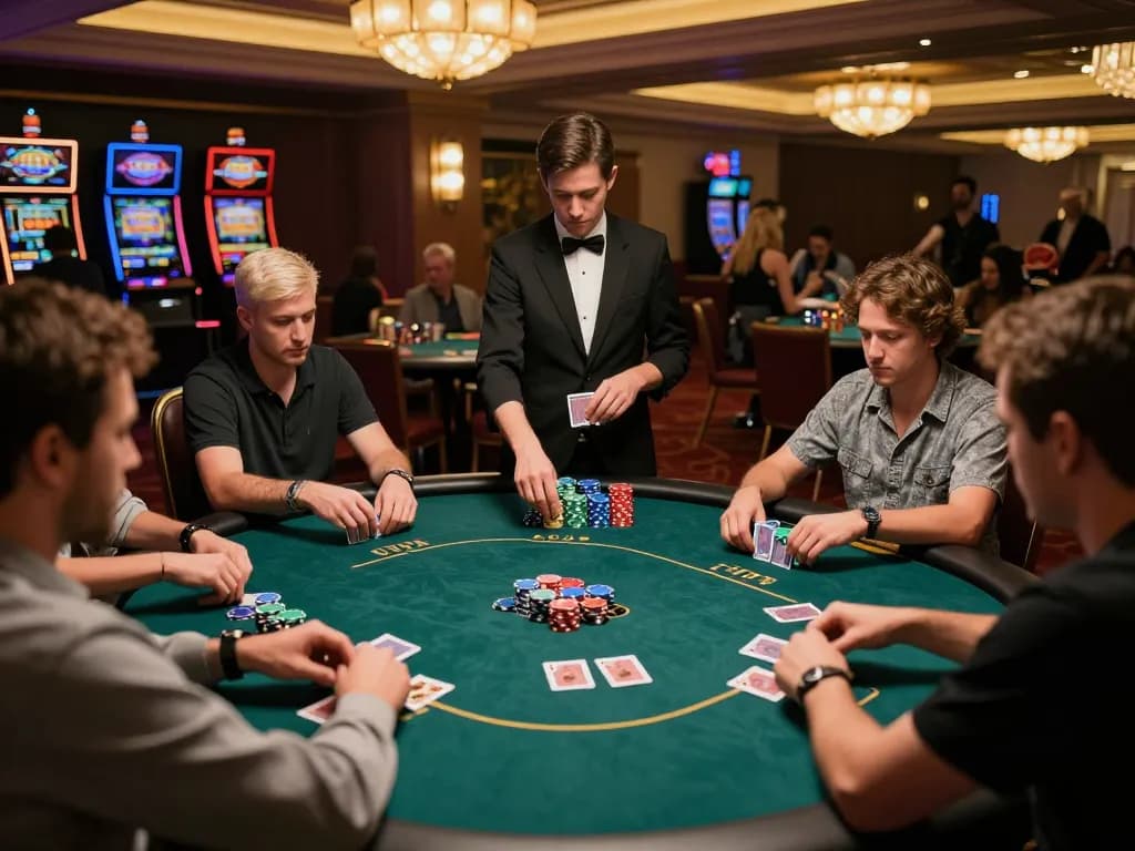 Players enjoy competitive poker at a casino table showcasing nohu strategy and excitement.