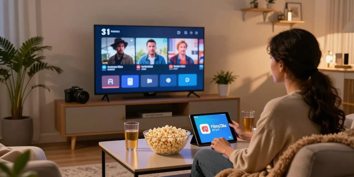 Couple using FilmyZilla APK for a cozy movie night in their living room.