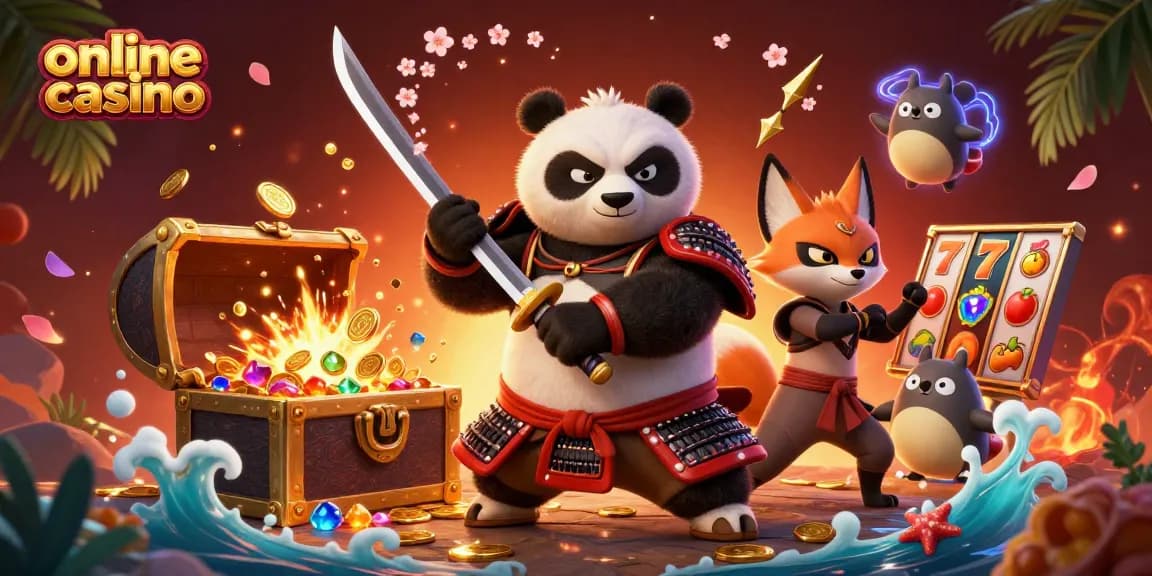 Engage in thrilling actions at an online casino with a powerful samurai panda and vibrant gaming elements.