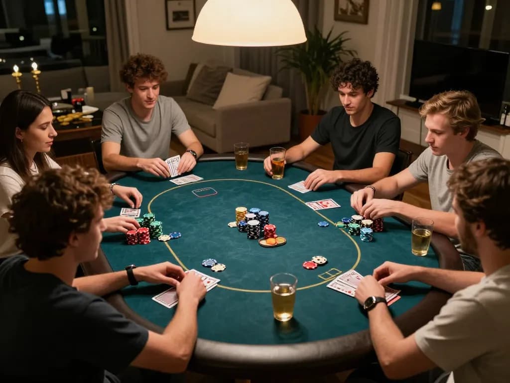 Friends playing Texas Hold'em during a home poker night, showcasing 33WIN strategy and fun