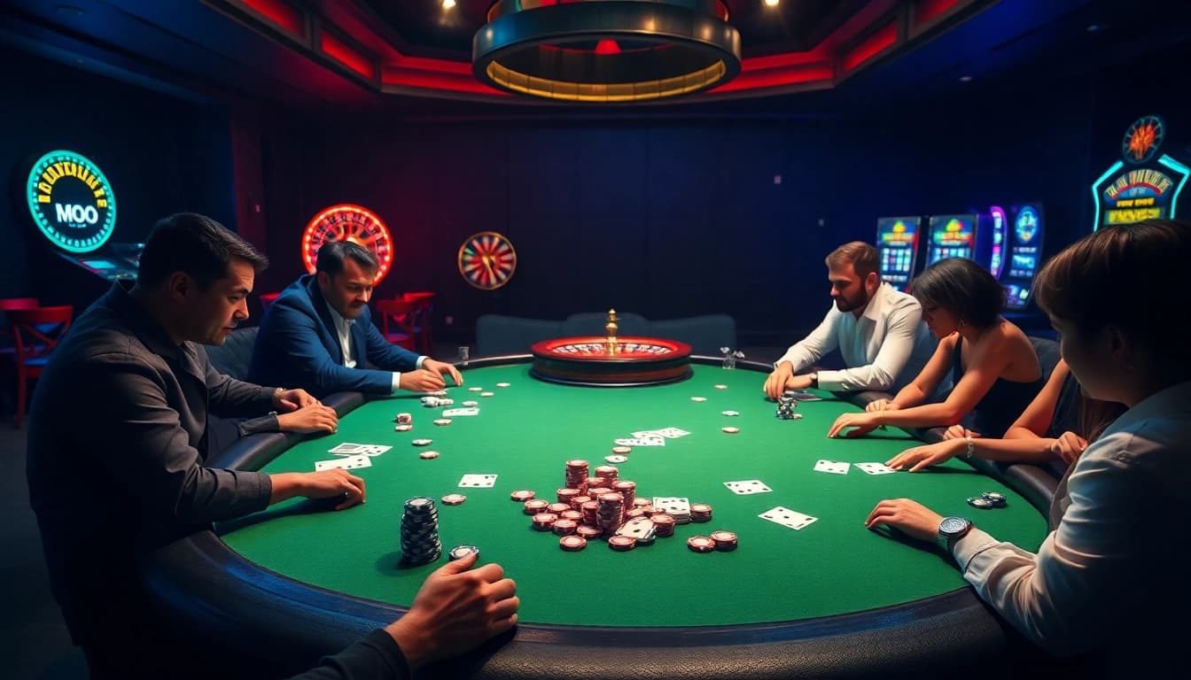 MMOO online gamblers enjoying a thrilling poker game with colorful chips and cards.