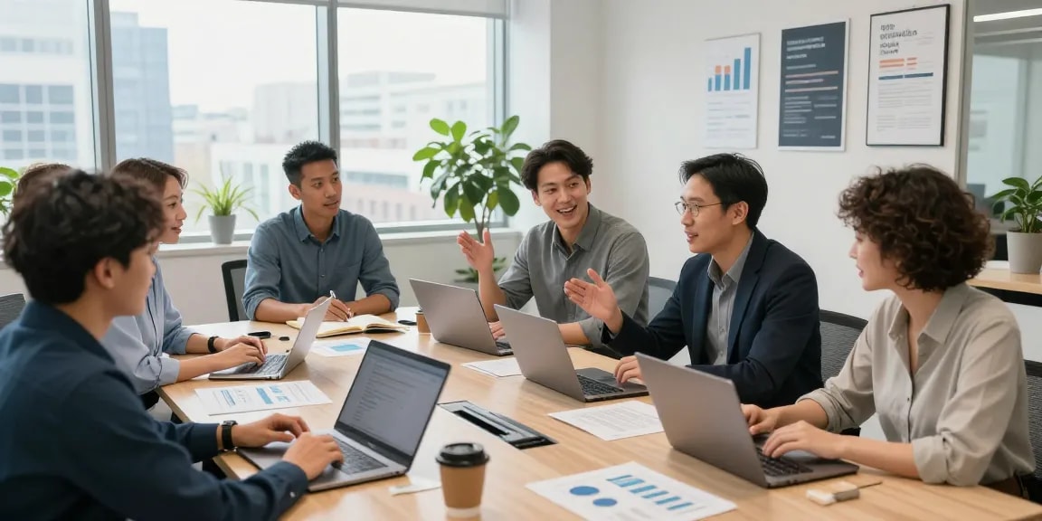 Arbeitskultur bewerten durch die Zusammenarbeit in einem modernen Büro.