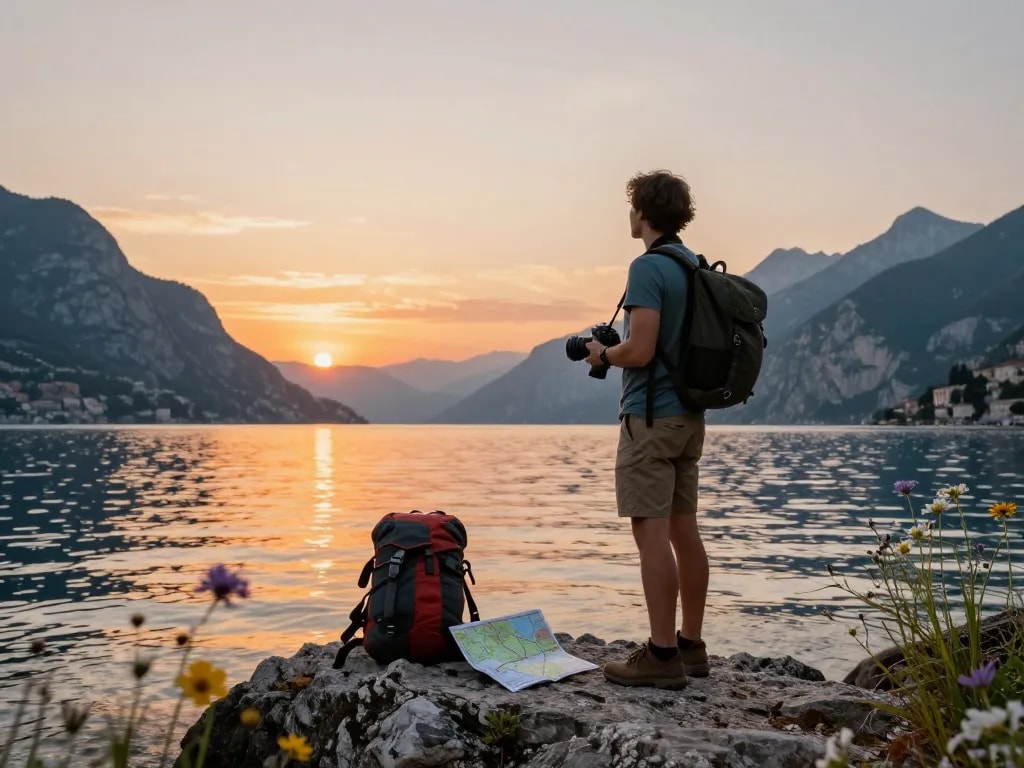 Gardasee Reisetipps: Reisender genießt die malerische Aussicht am Gardasee bei Sonnenuntergang.