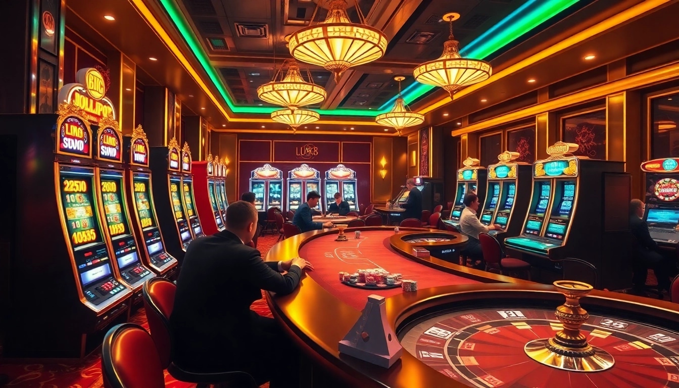 Engaging scene of LUCK8 casino excitement showcasing poker tables and vibrant slot machines.