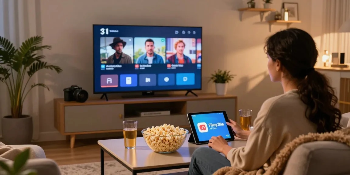 Couple using FilmyZilla APK for a cozy movie night in their living room.