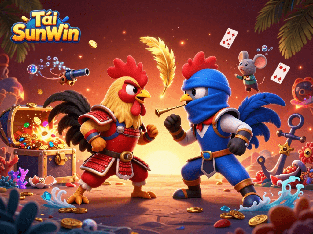 Tải SunWin brings excitement to the fight between samurai and ninja roosters in this vibrant digital illustration