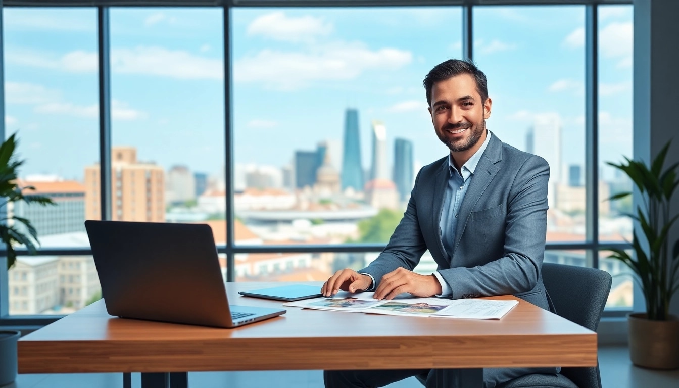 Immobilienmakler Frankfurt Ginnheim arbeitet professionell in modernem Büro mit Stadtansicht.