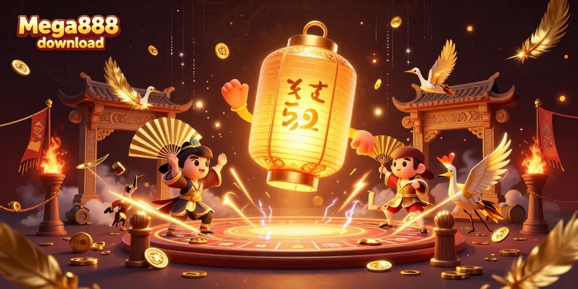 Experience thrilling gameplay with mega888 download, featuring mystical golden lanterns and vibrant casino elements.