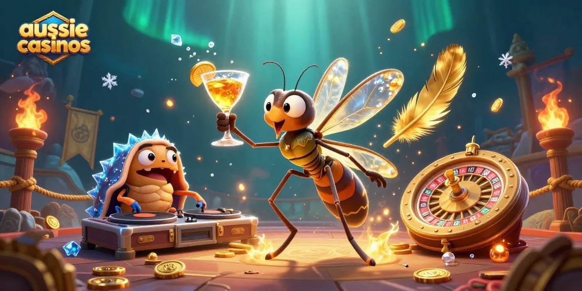 Engage with aussie casinos in a vibrant 3D illustration showcasing a frozen mosquito mascot alongside a trilobite DJ and dynamic gaming elements.
