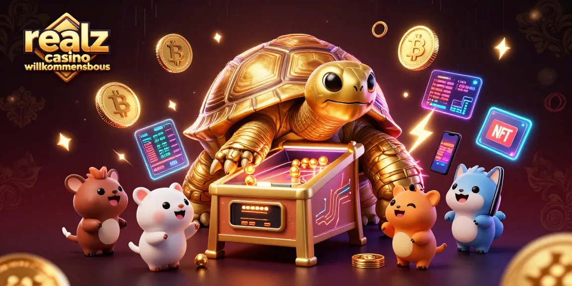 Spiele den realz casino Willkommensbonus mit spannenden Extras in einer bunten Casino-Szene.