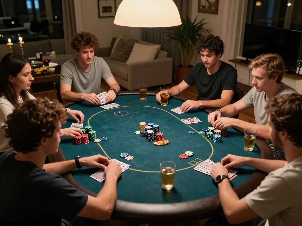 Friends playing Texas Hold'em during a home poker night, showcasing 33WIN strategy and fun
