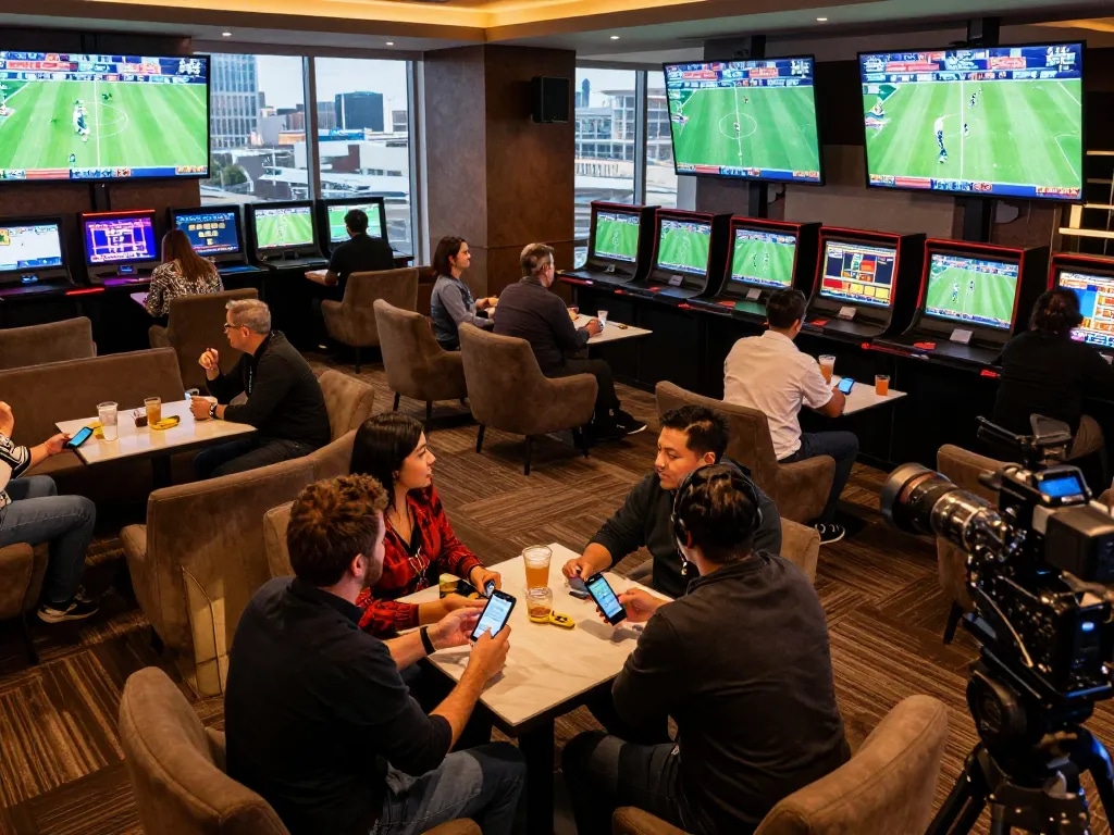 Excited sports bettors engaging in cashing winning bets at TG88 sports lounge in modern casino.