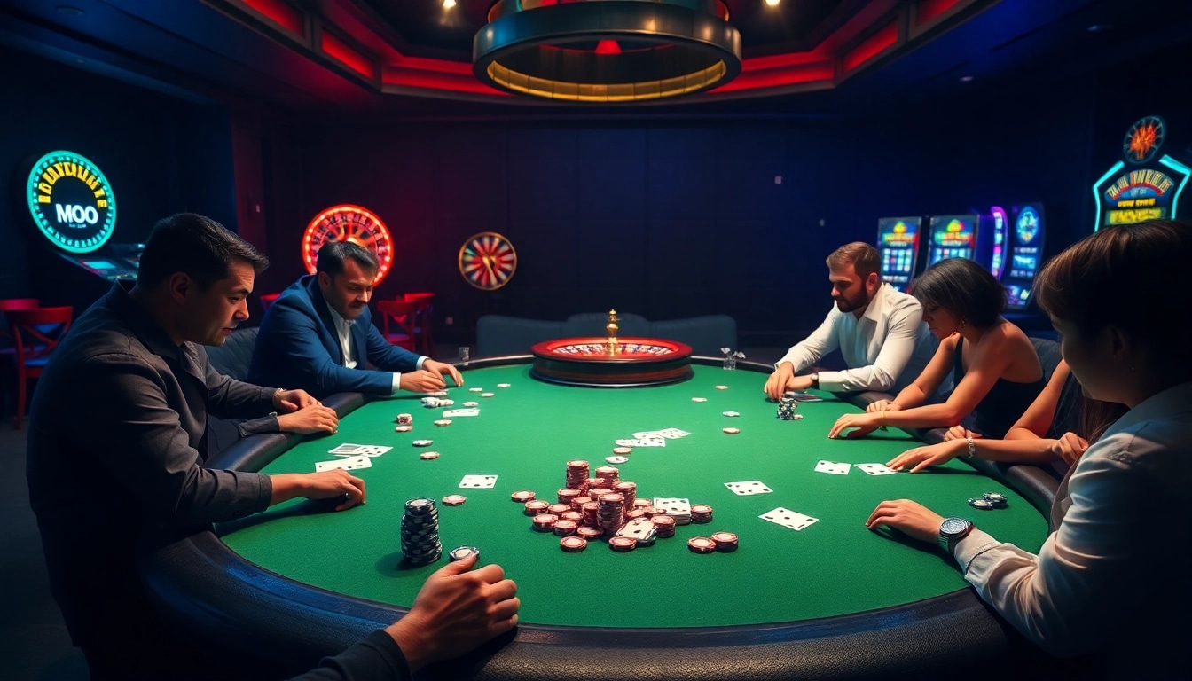 MMOO online gamblers enjoying a thrilling poker game with colorful chips and cards.