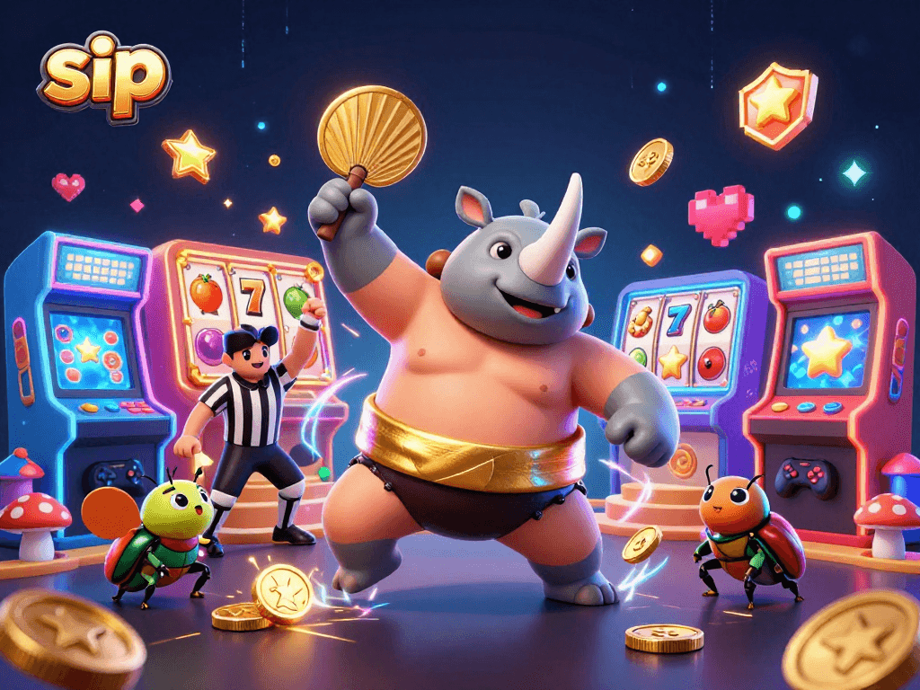 Join the sip action with a rhinoceros beetle champion in a vibrant 3D casino setting!