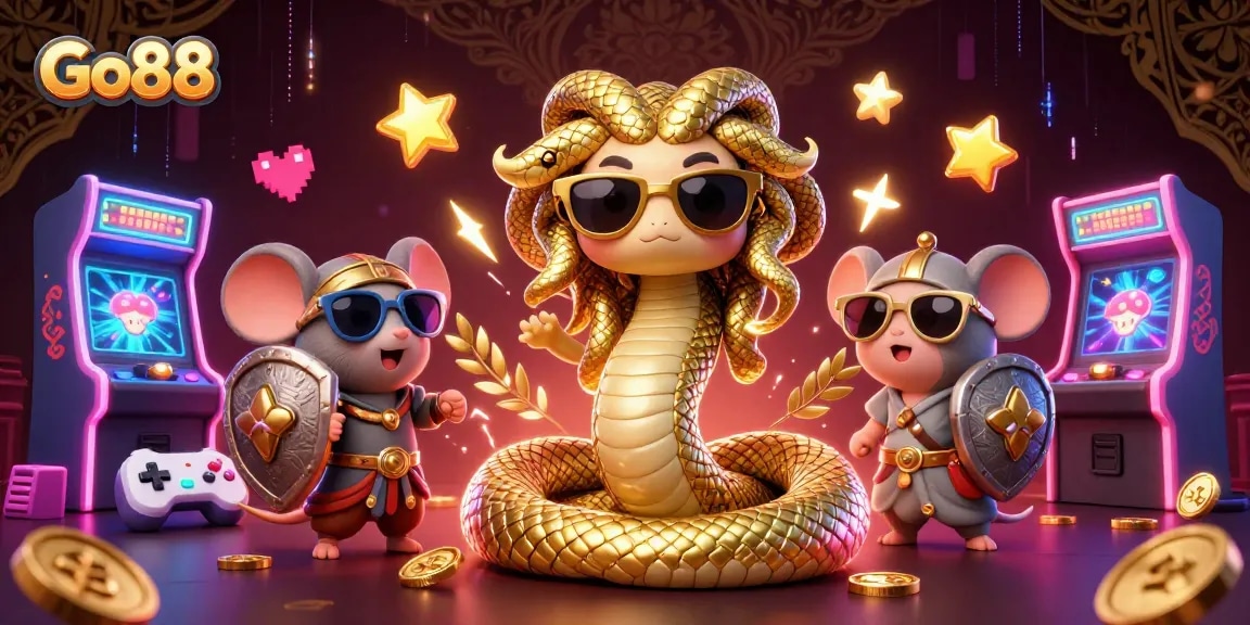 Enjoy exciting games at Go88 with the cute Medusa, a warrior mouse, and vibrant arcade elements.
