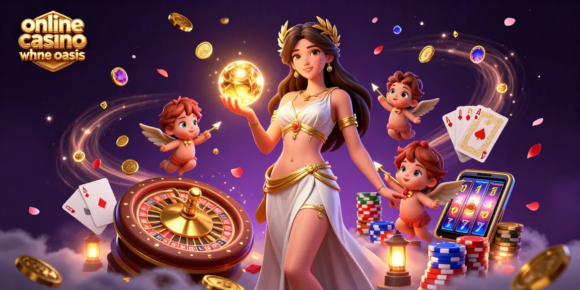 Experience excitement in an online casino ohne oasis with a 3D goddess and cherubs amidst casino elements.