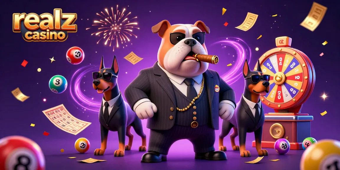 Experience the excitement of realz casino with a lively 3D mafia theme illustration featuring vibrant lotto elements.