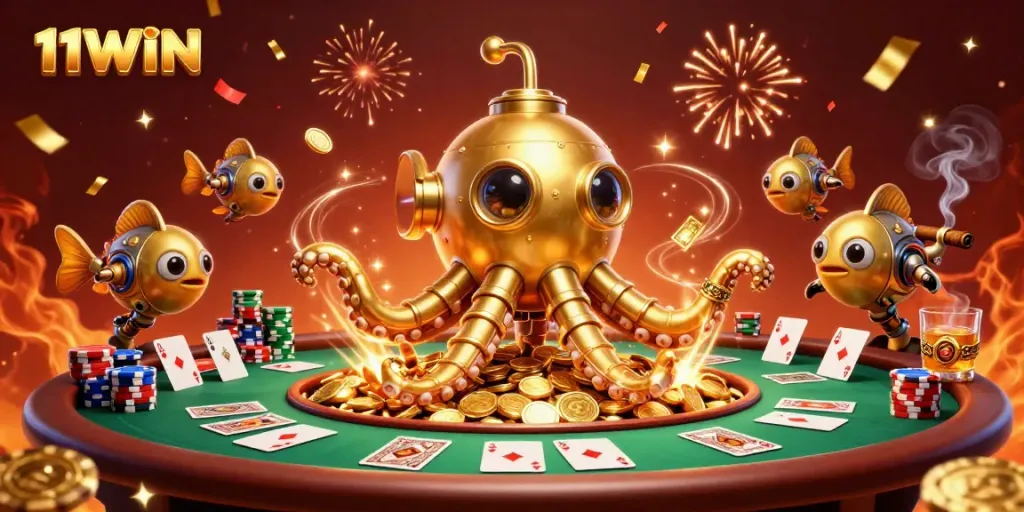 Engage in thrilling adventures at 11WIN with a vibrant 3D illustration of casino elements and a golden kraken.