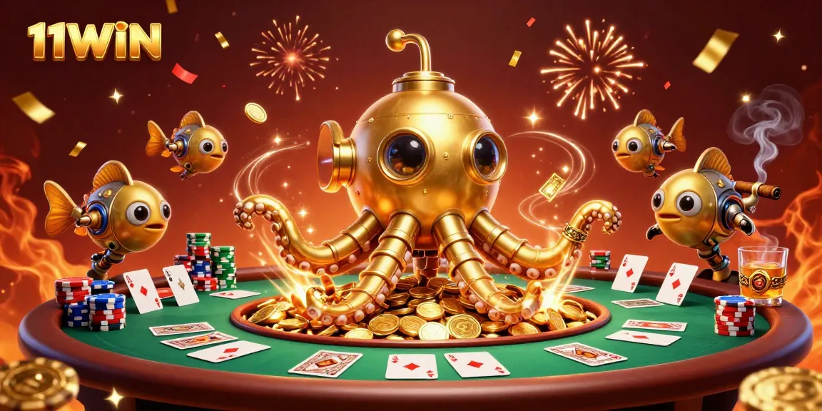 Engage in thrilling adventures at 11WIN with a vibrant 3D illustration of casino elements and a golden kraken.