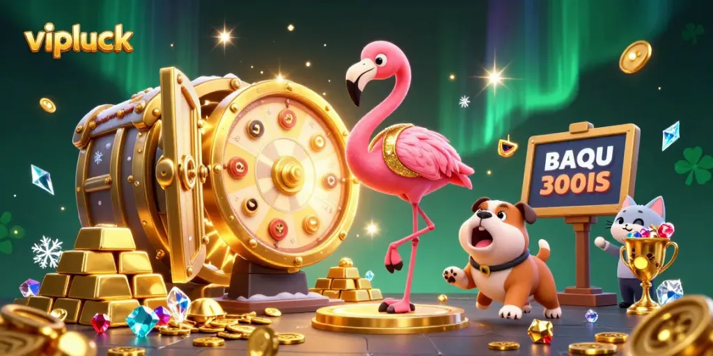 Spin for prizes at vipluck casino with a vibrant game show scene featuring characters and treasures.