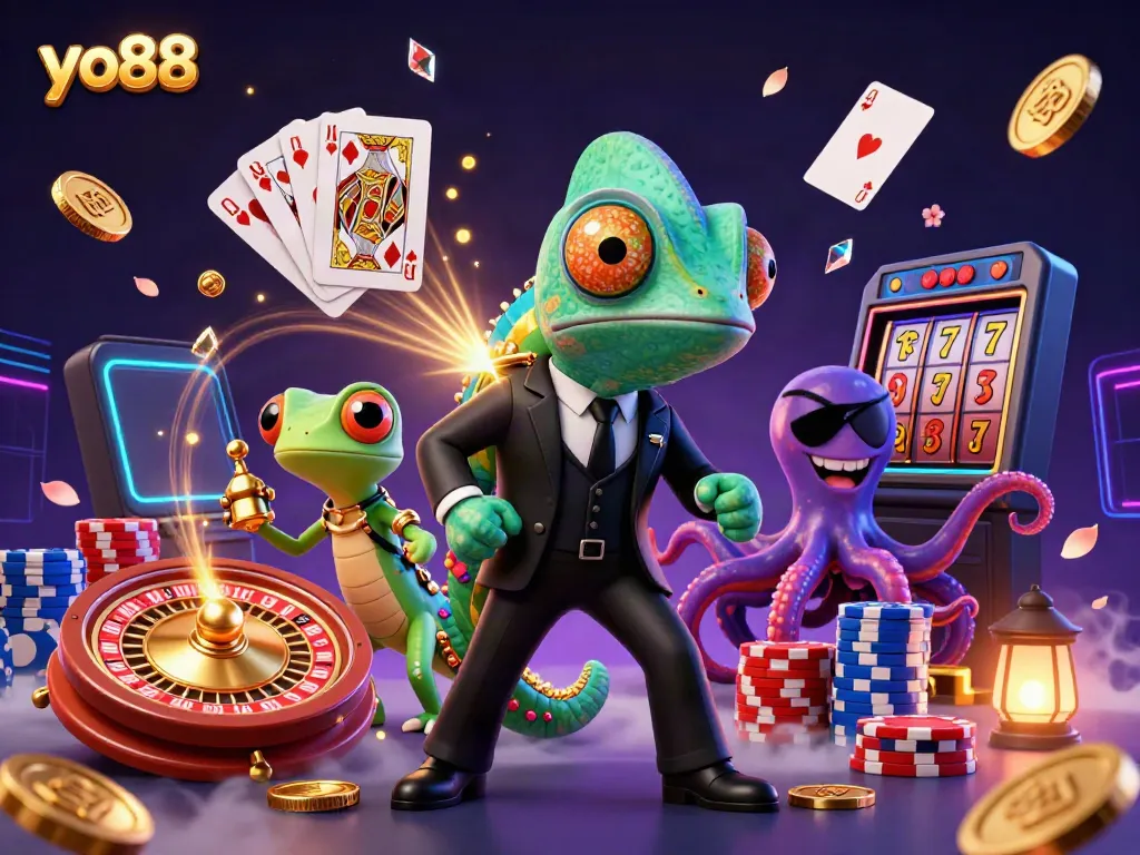 Experience excitement at yo88 with a secret agent chameleon, a gadget gecko, and an octopus around casino elements.