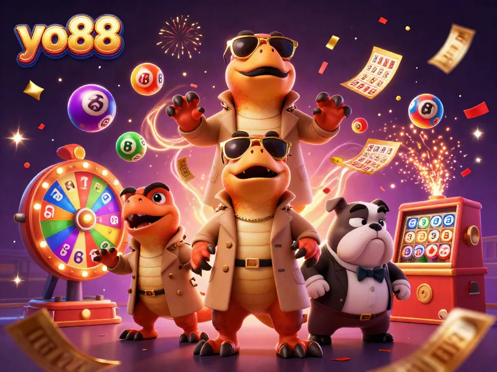 Engage with yo88 as three raptors comically attempt entry into a VIP casino lounge under the watch of a bulldog bouncer.