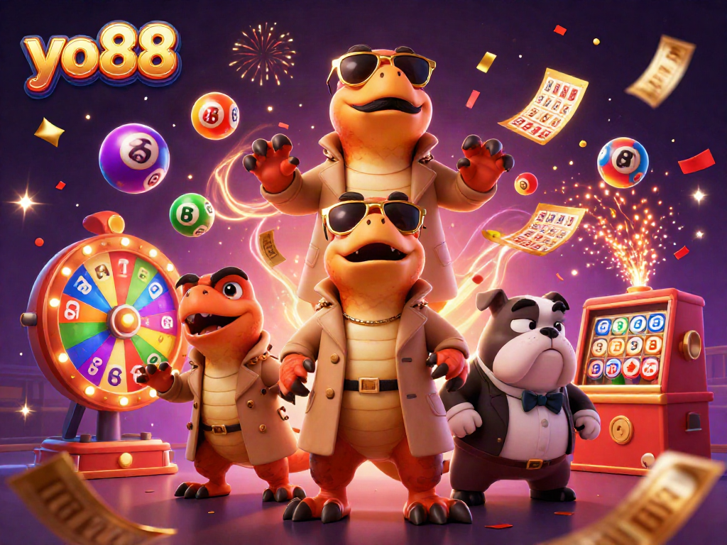 Engage with yo88 as three raptors comically attempt entry into a VIP casino lounge under the watch of a bulldog bouncer.