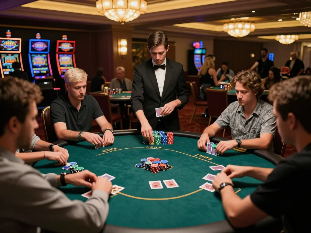 Players enjoy competitive poker at a casino table showcasing nohu strategy and excitement.