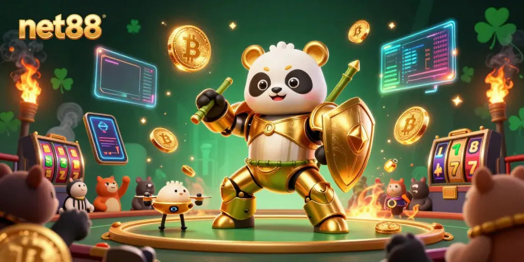 Experience thrilling gambling action with net88's dynamic 3D casino scene featuring a golden panda in a mech-suit.