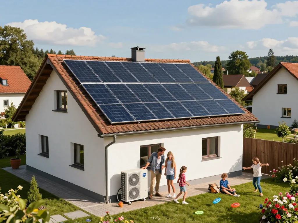 Photovoltaik Bayern - Familie erkundet Solarpanels auf einem bayerischen Zuhause mit moderner Wärmepumpe, die nachhaltiges Wohnen zeigt.