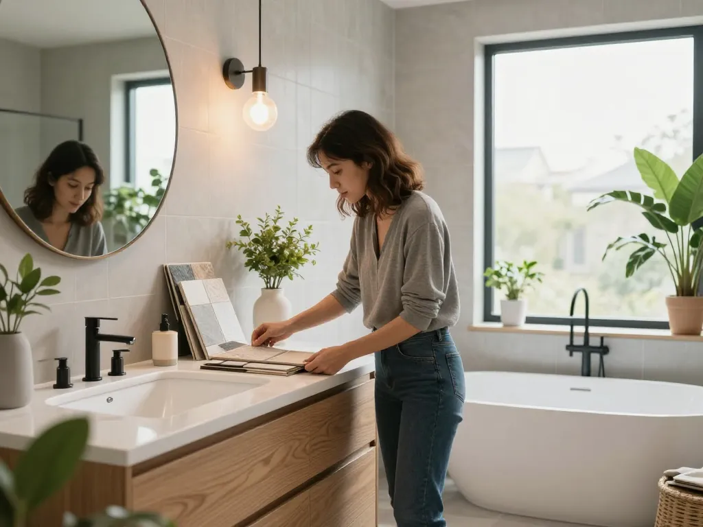 Moderne Badsanierung mit einem Designer, der Fliesen in einem luxuriösen Badezimmer mit Pflanzen und natürlichem Licht anordnet.