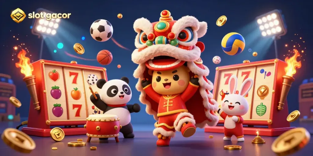 Engage in thrilling slot gacor action with vibrant characters and dynamic gameplay elements in this festive 3D illustration.