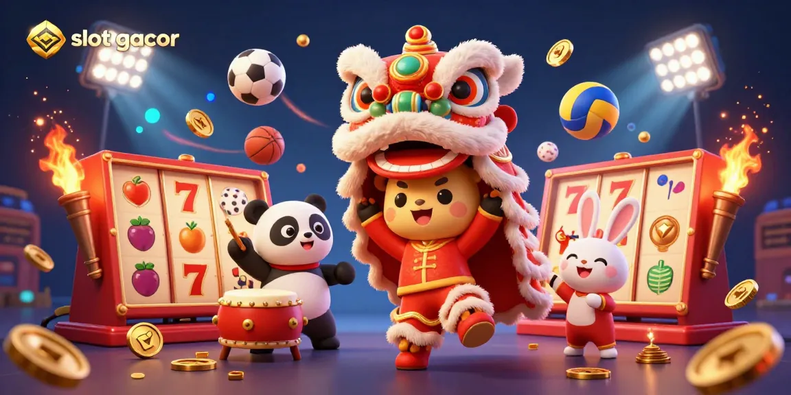 Engage in thrilling slot gacor action with vibrant characters and dynamic gameplay elements in this festive 3D illustration.