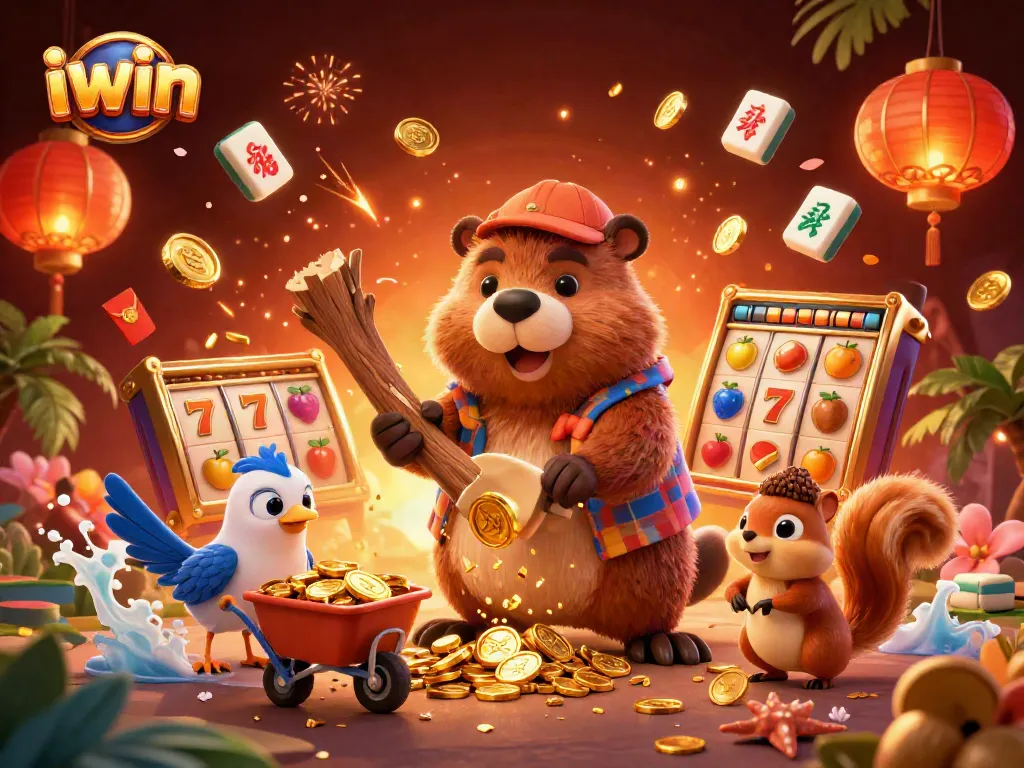 iwin showcases a lively casino scene with animated characters collecting coins and vibrant slot elements.