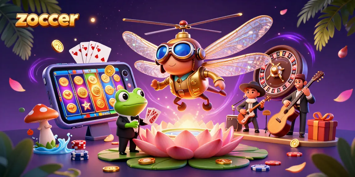 Zoccer offers thrilling casino action with a dragonfly pilot and frog dealer, surrounded by rich gaming elements.