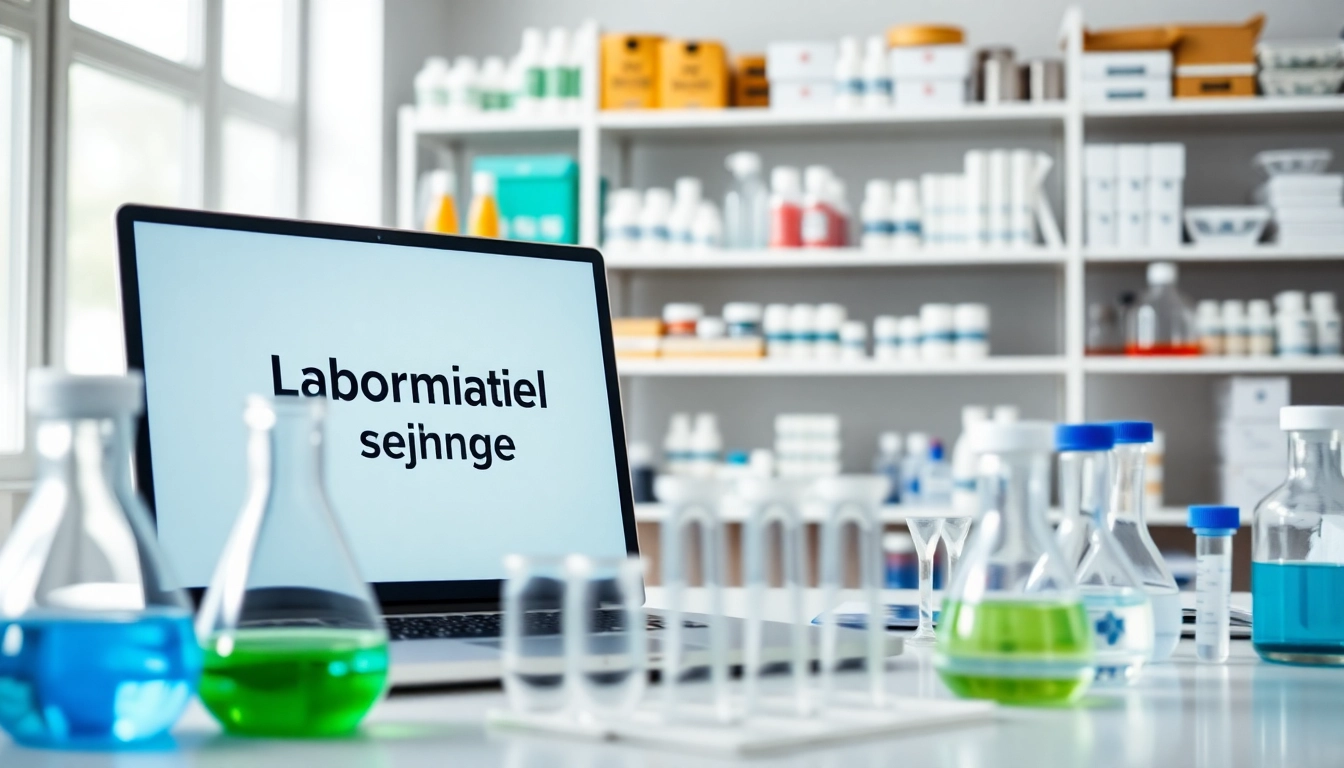Labormaterial bestellen online in einem modernen Labor mit hochwertigen Geraeten sichtbar.