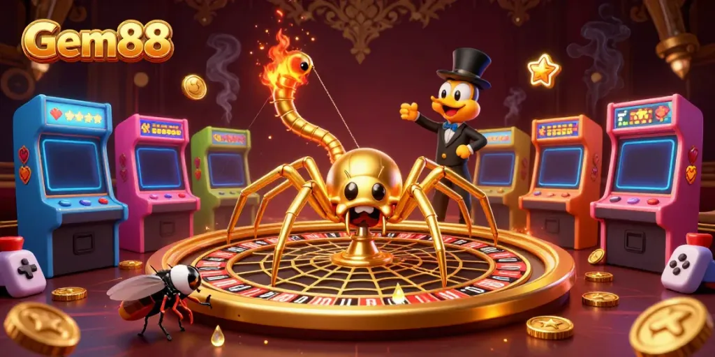 Place bets at Gem88's roulette wheel where a golden spider spins a jackpot web.