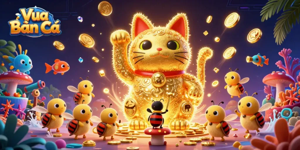 Experience Vua Bắn Cá with a vibrant illustration of sea creatures and a whimsical lucky cat amidst sparkling treasures.