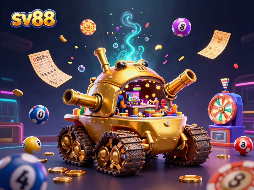Experience the excitement of sv88 with a golden beetle casino tank, lively lottery balls, and vibrant confetti.