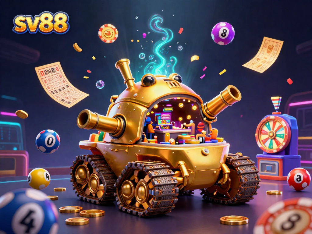 Experience the excitement of sv88 with a golden beetle casino tank, lively lottery balls, and vibrant confetti.
