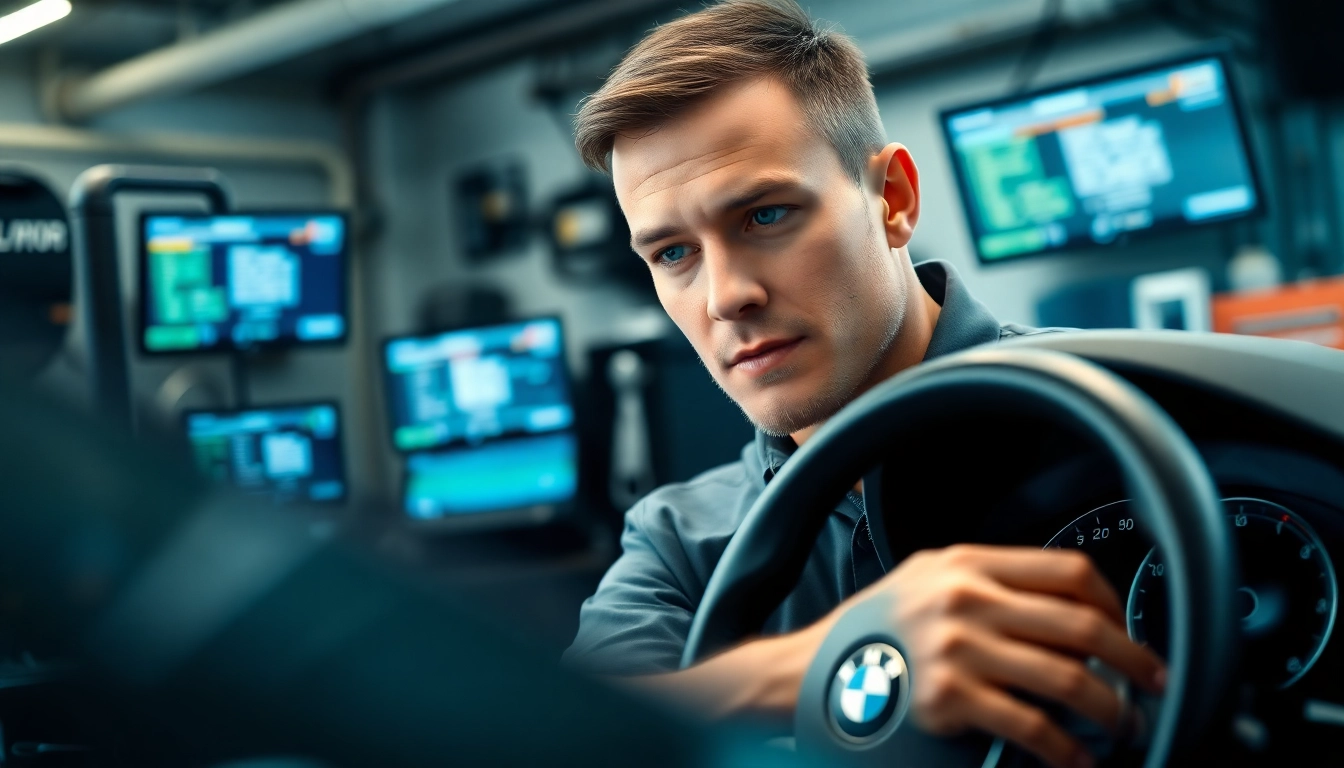 Effiziente BMW Codierung durch einen Techniker in einer modernen Werkstatt mit Diagnosewerkzeuge.