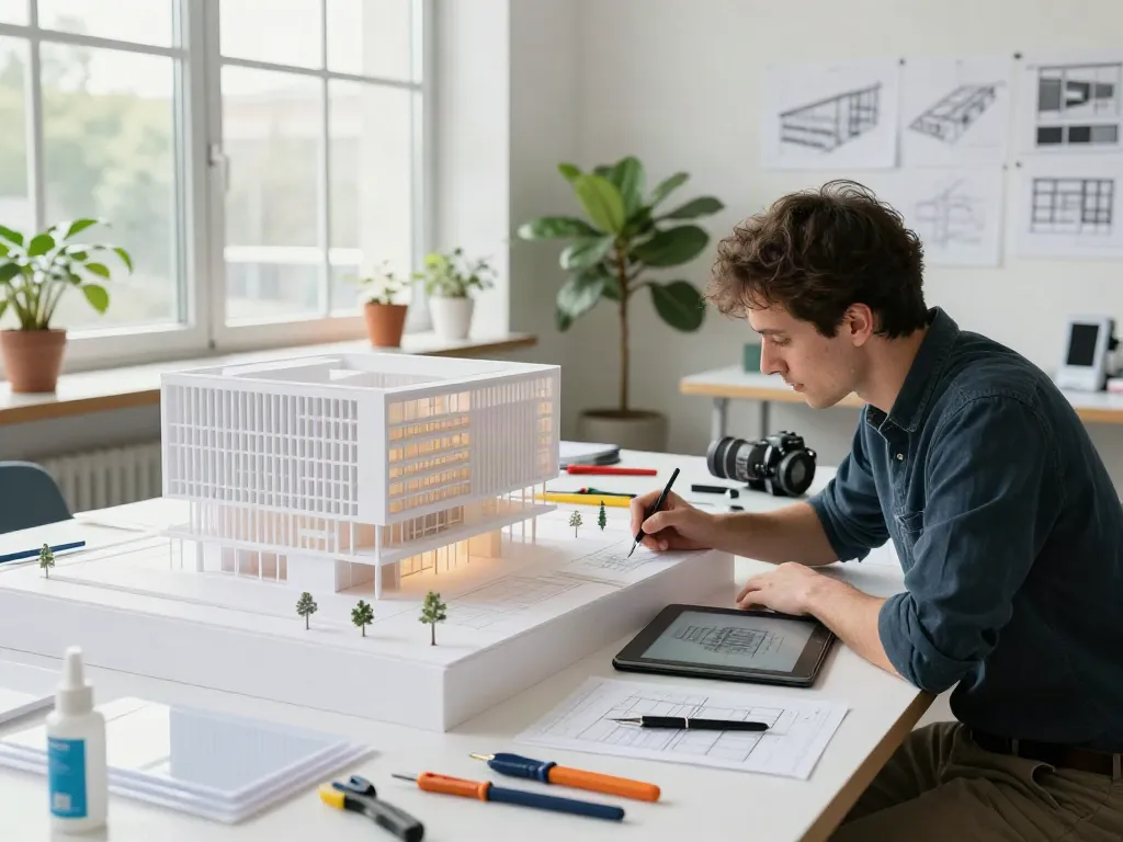 Architekt arbeitet an einem Weissmodell in modernem Modellbaustudio, umgeben von Werkzeugen und Tageslicht.