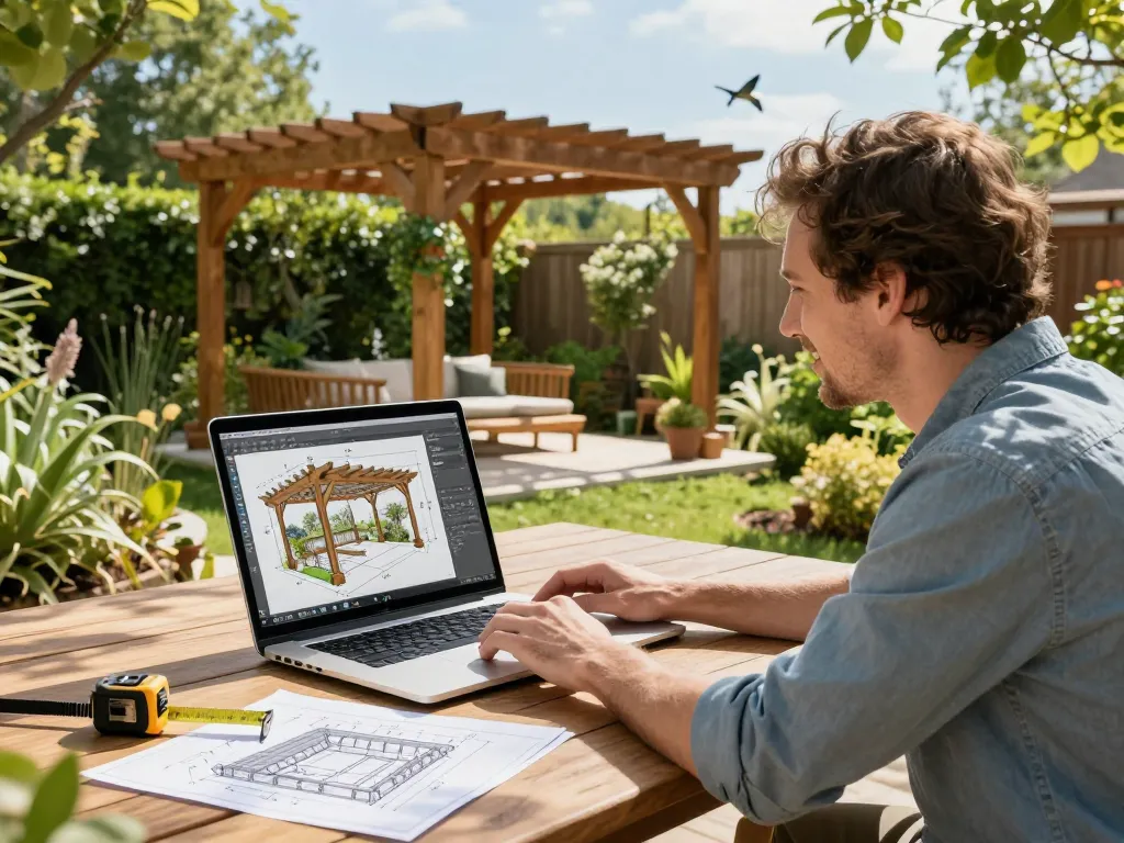Software für Pergola-Installateure, präsentiert in einem lebhaften Garten mit einem Architekten, der fortschrittliche Designwerkzeuge für anpassbare Pergolen verwendet.