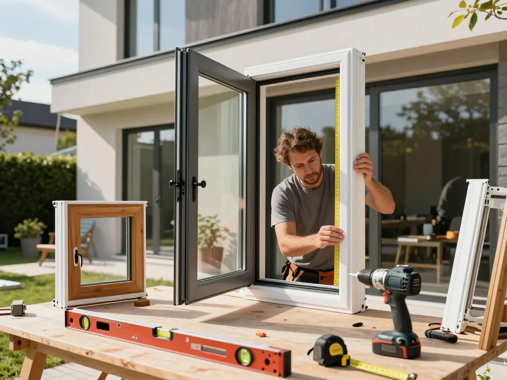 Handwerker installiert hochwertige Fensterbau-Fenster in einem modernen Zuhause und zeigt Präzision und Handwerkskunst.