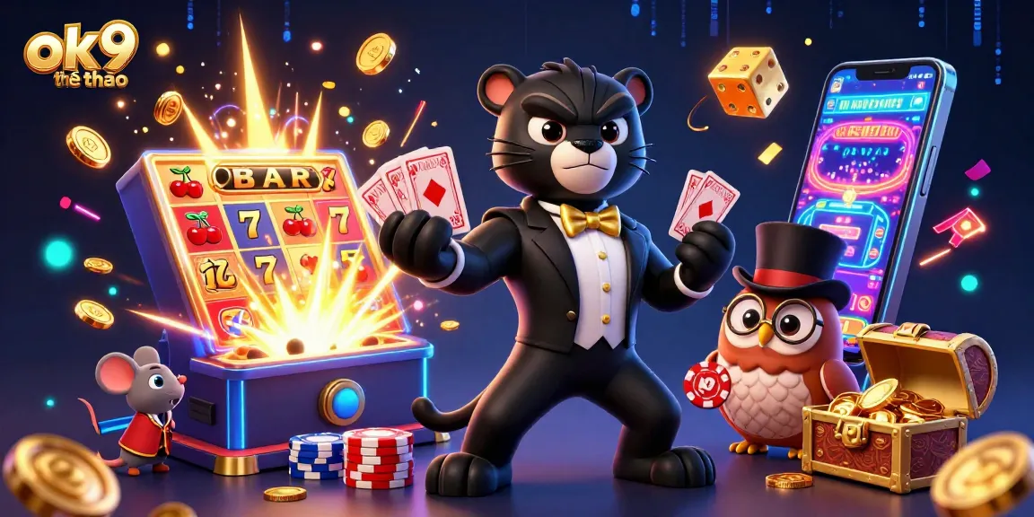 Engage with ok9 thể thao as the stylish panther deals cards, surrounded by vibrant casino elements.