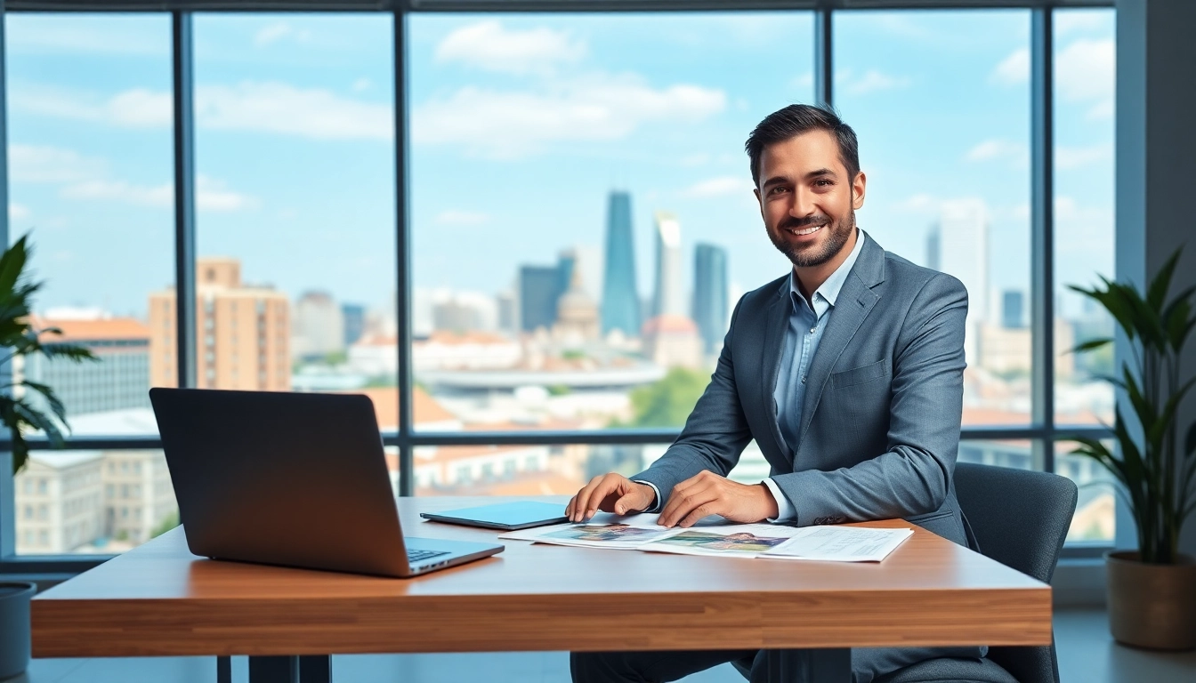 Immobilienmakler Frankfurt Ginnheim arbeitet professionell in modernem Büro mit Stadtansicht.
