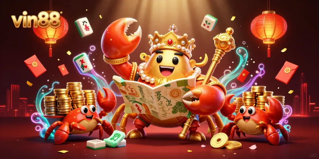 Win big with vin88 while enjoying a thrilling gaming experience with a golden crab emperor in a vibrant casino setting.