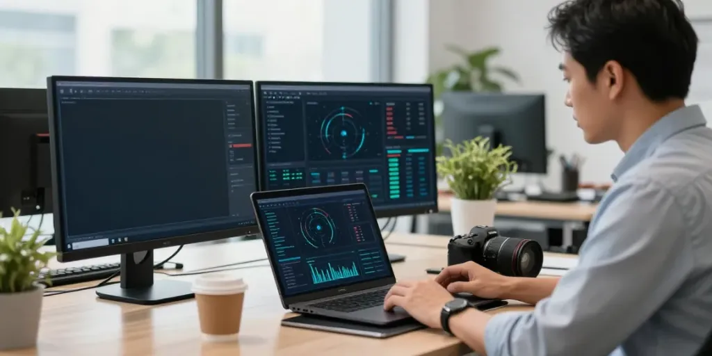 IT-Sicherheitsfirma berät Kunden in modernem Büro zur Cybersicherheit.