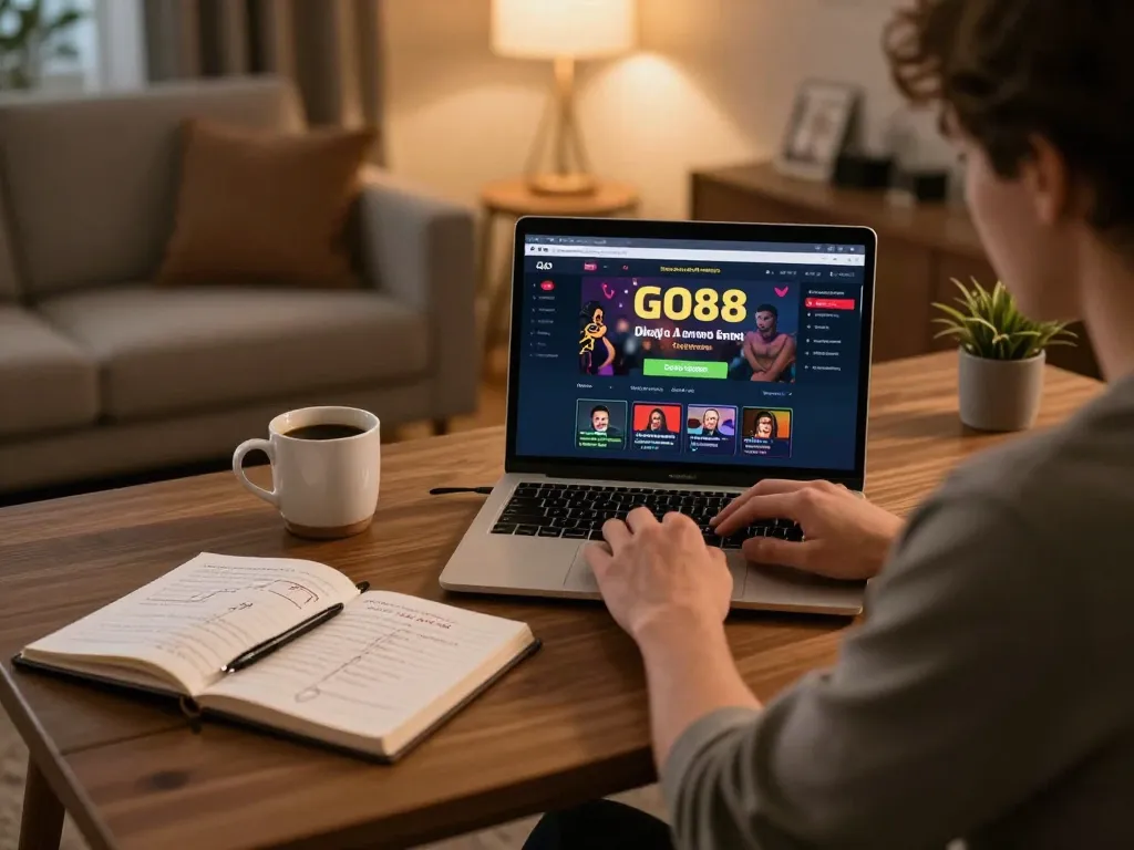 Engaged gamer experiencing GO88 online casino action on laptop in a cozy environment.