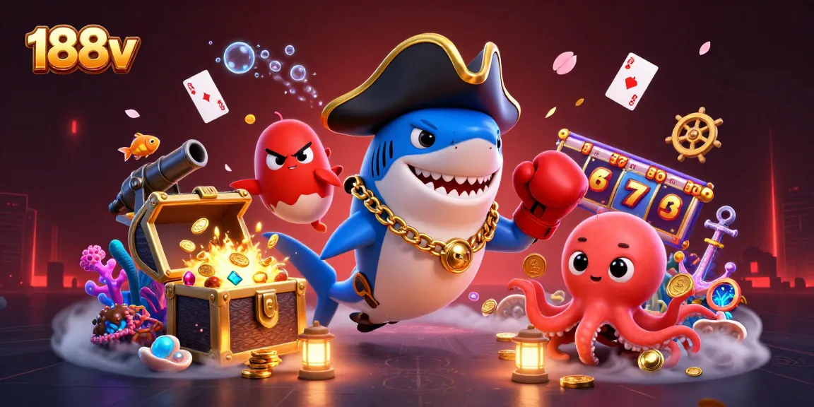 Engage with 188v's dynamic casino adventure featuring a pirate shark, pufferfish, and octopus amidst slot reels.